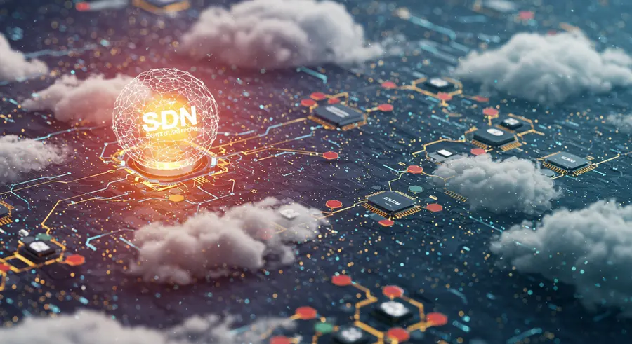 Abstract representation of Software Defined Networking (SDN) interacting with virtualized network components and cloud infrastructure