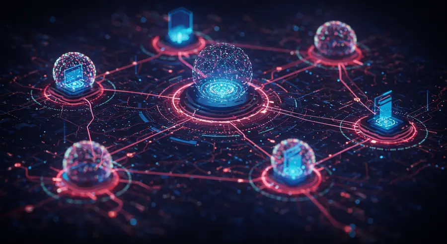Abstract representation of Software Defined Networking (SDN) interacting with edge computing devices and distributed network infrastructure
